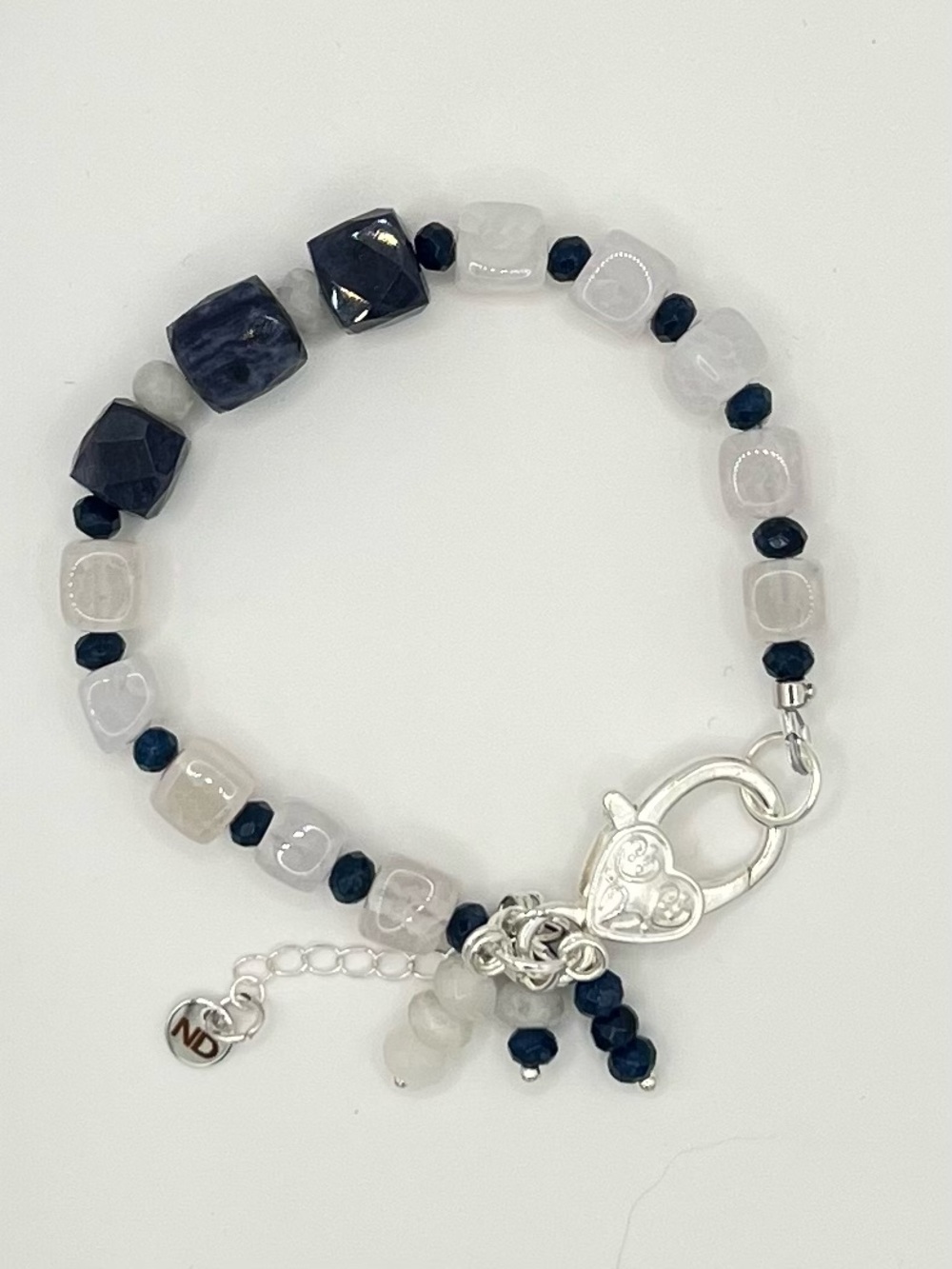 Iolite & Moonstone Bracelet – Natural Gemstone with Silver Heart Clasp